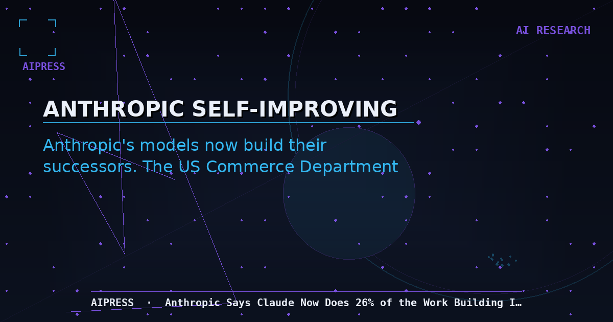 Dark navy and cyan editorial hero graphic with ANTHROPIC SELF-IMPROVING headline, geometric circle motif, and AIPRESS bottom strip.