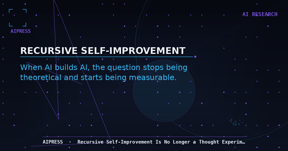 Dark navy and cyan editorial hero graphic with RECURSIVE SELF-IMPROVEMENT headline, abstract geometric motif, AIPRESS top-right label, and a bottom metadata strip.