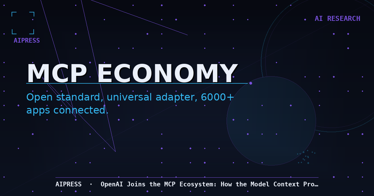 Hero image for MCP ecosystem article: dark navy gradient with 'MCP ECONOMY' in large type, abstract app-store grid and circuit motifs, AIPress mark, bottom title strip