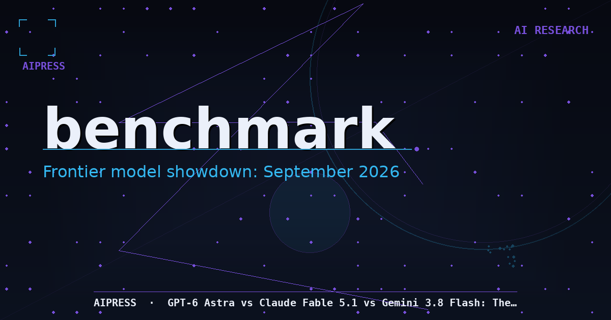 Hero image for September 2026 benchmark round-up: dark navy gradient with 'FRONTIER BENCHMARK ROUND-UP' in large type, GPT-6 Astra vs Claude Fable 5.1 vs Gemini 3.8 Flash comparison, AIPress mark, abstract geometric circuit motifs