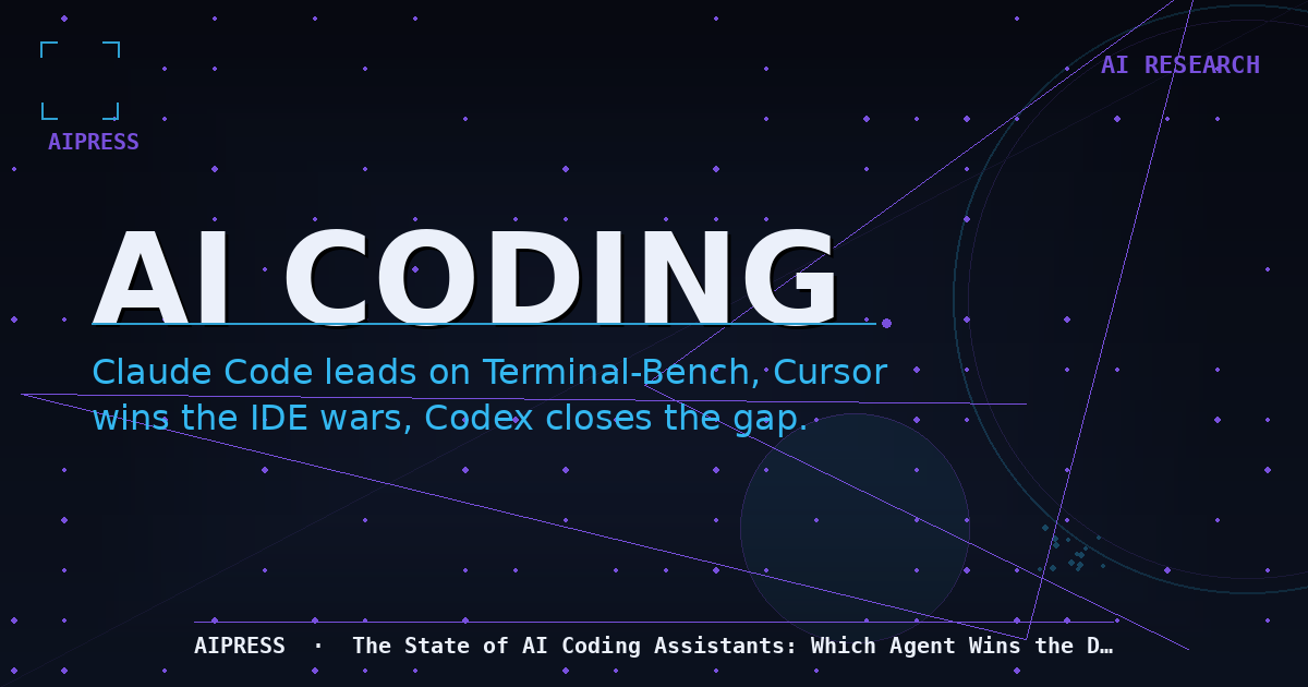 Hero image for AI coding assistants 2026 article: dark navy gradient with 'AI CODING' in large type, abstract keyboard and circuit motifs, AIPress mark, bottom title strip