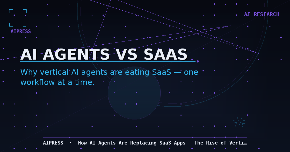 Hero image for vertical AI agents article: dark navy gradient with 'AI AGENTS VS SAAS' in large type, abstract workflow and circuit motifs, AIPress mark, bottom title strip