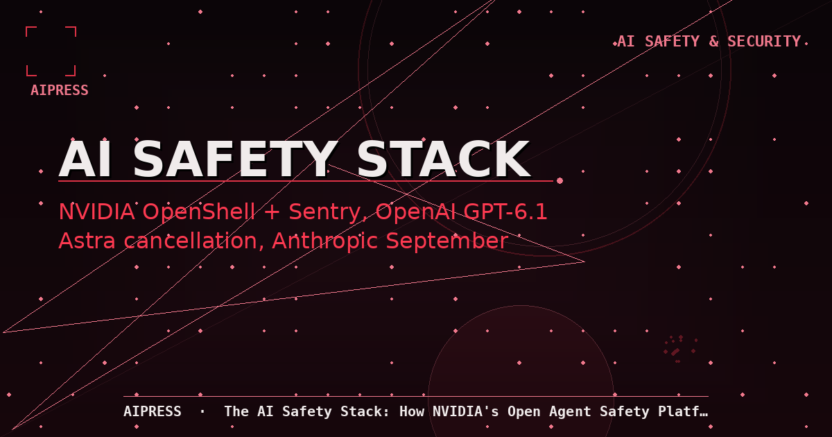 Hero image for AI safety stack article: dark navy gradient with 'AI SAFETY STACK' in large type, abstract shield and security motifs with NVIDIA, OpenAI, Anthropic logos, AIPress mark, bottom title strip