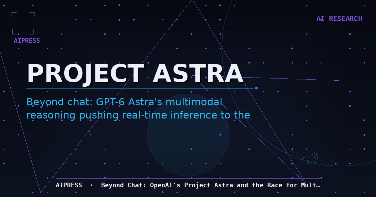 Hero image for Project Astra article: dark navy gradient with 'PROJECT ASTRA' in large type, abstract multimodal vision/audio/edge motifs, AIPress mark, bottom title strip showing GPT-6 Astra edge inference theme